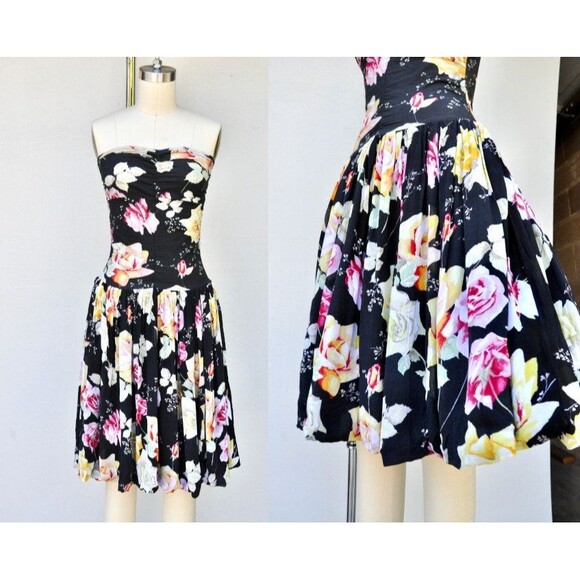 Italian Designer Floral Dress Novelty Print Fit & Flare Dress Roses Print XS - Picture 1 of 10
